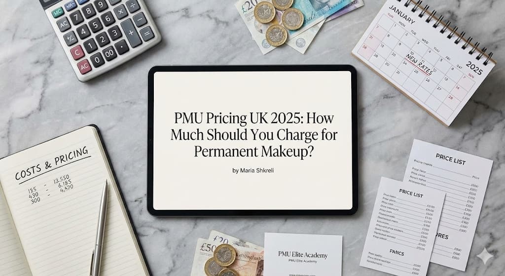 PMU artist calculating treatment prices with pricing chart